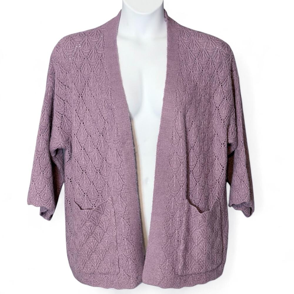 Coco & Carmen Open Knit Cardigan L/XL Mauve Purple 3/4 Sleeve Pocket Sweater